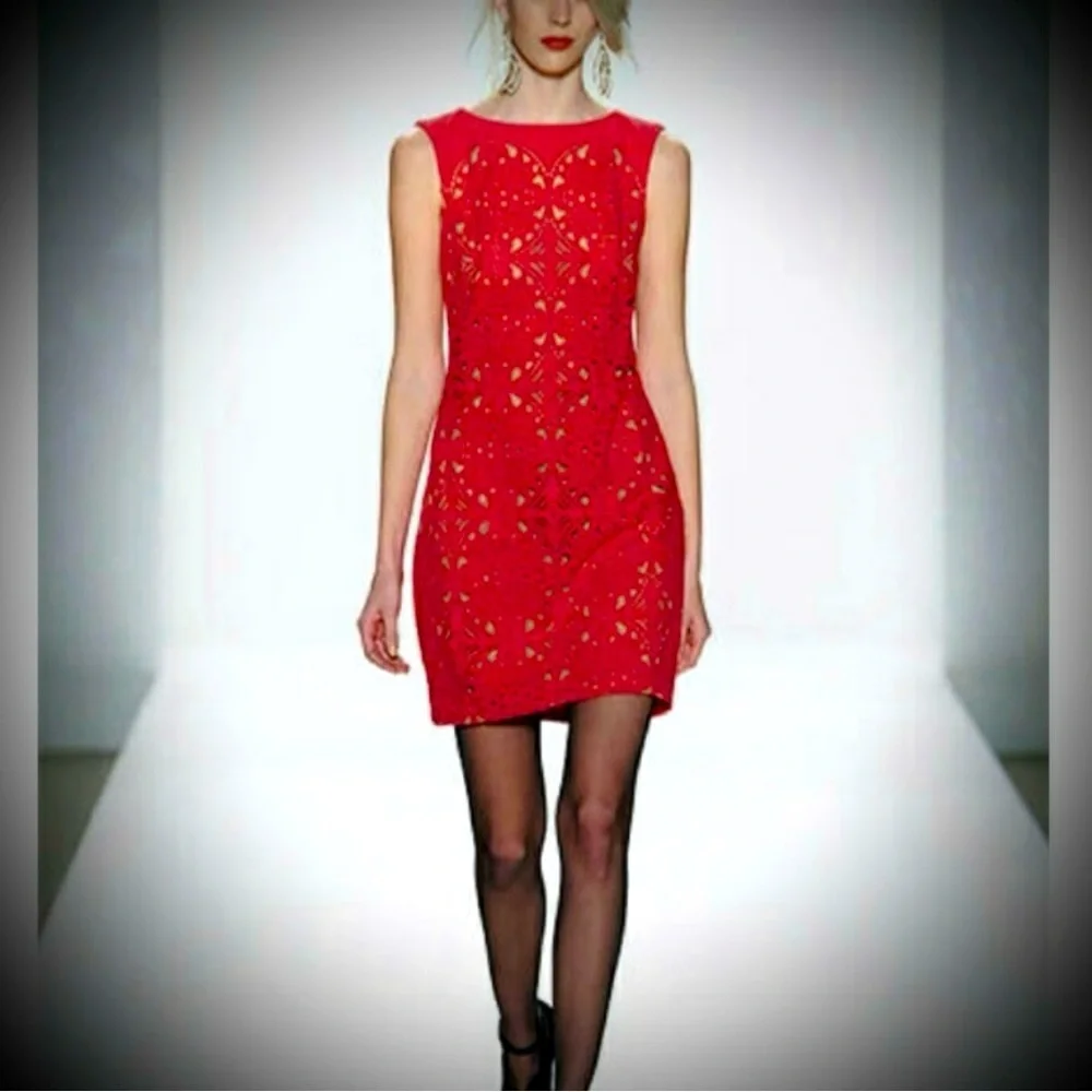 Tadashi Shoji Red Laser Cut Suede Sheath Knee Length Dress Size medium - Picture 2 of 16
